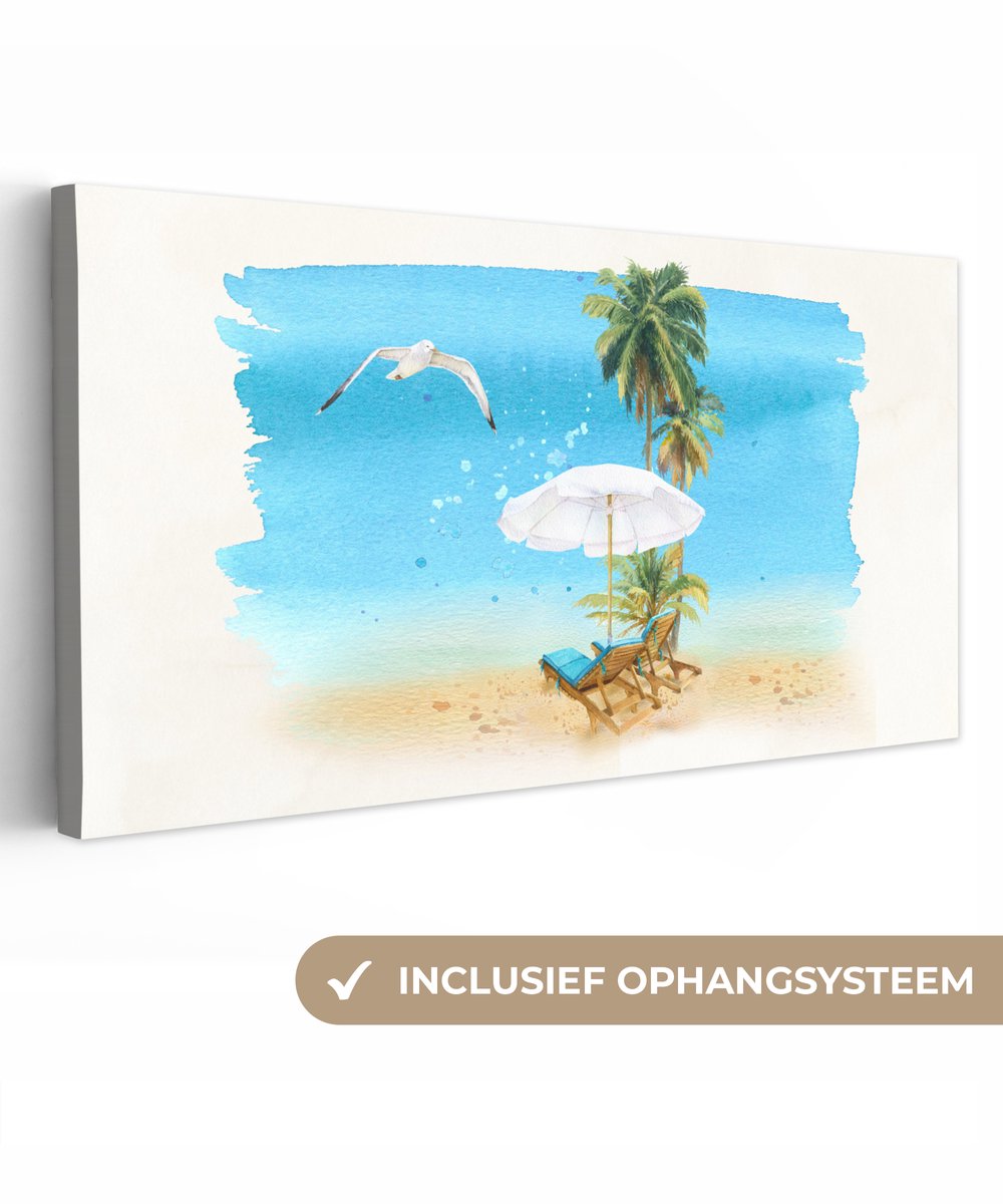 Canvas schilderij 160x80 cm - Wanddecoratie Strandstoel - Parasol - Vogel - Palm - Muurdec