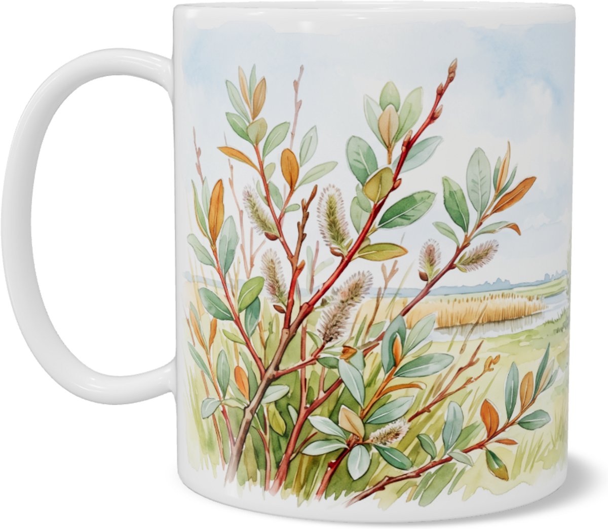 Mok met rossige wilg - Aquarel polderpanorama - Cadeau voor natuurliefhebber