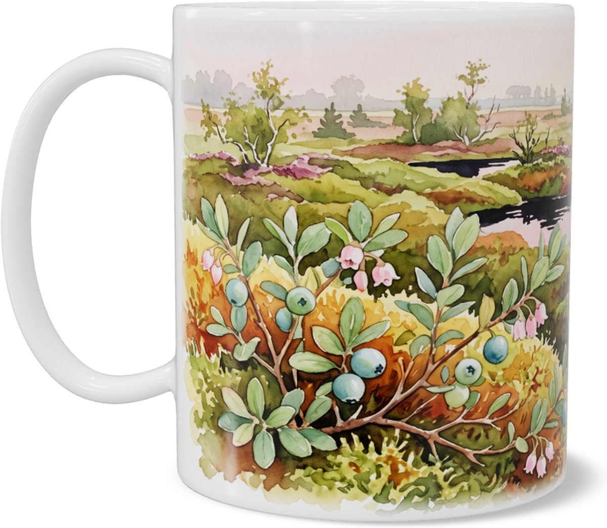 Mok met rijsbes illustratie - Aquarel landschap van moeras - Cadeau voor natuurliefhebber