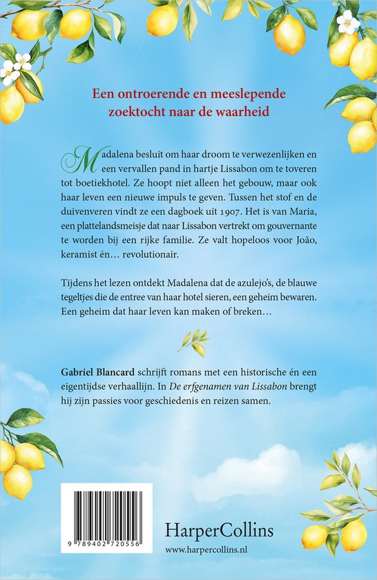 Achterkant van het boek 'De erfgenamen van Lissabon' met tekst en citroentakken.