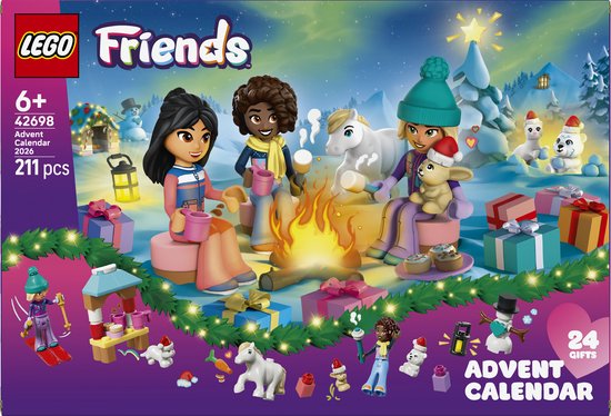 LEGO Friends kerstkalender 2026 doos met minipoppetjes, dieren en cadeautjes rond een kampvuur, met een kerstboom op de achtergrond.