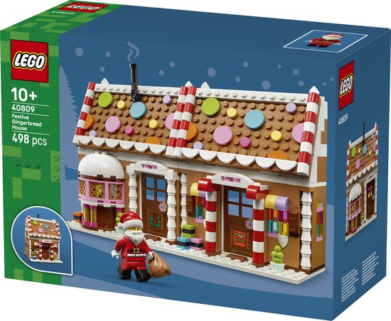 LEGO Kerst Peperkoekhuis 40809 doos, met afbeelding van huis, kerstman en het huis in miniatuur.