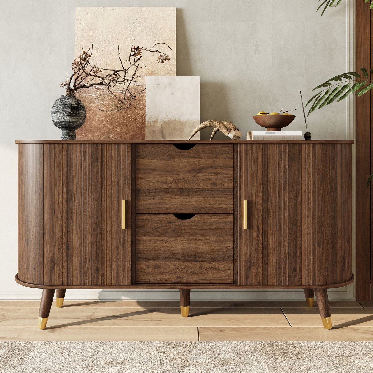 REDOM - Sideboard - Verticale Structuur, 2 Schuifdeuren En 2 Lades - Modern - Voor Woonkamer - MDF - Walnootkleur - 140 x 40 x 79,5 cm
