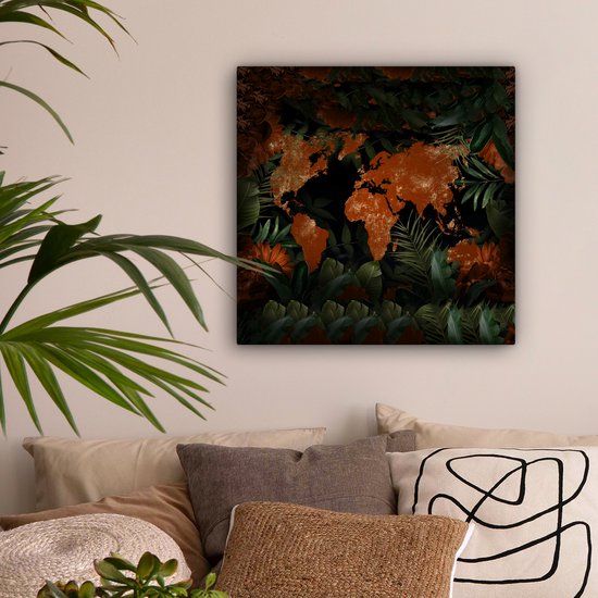 Canvas schilderij 50x50 cm - Wanddecoratie Wereldkaart - Goud - Rood - Muurdecoratie woonkamer - Slaapkamer decoratie - Kamer accessoires - Schilderijen op canvas