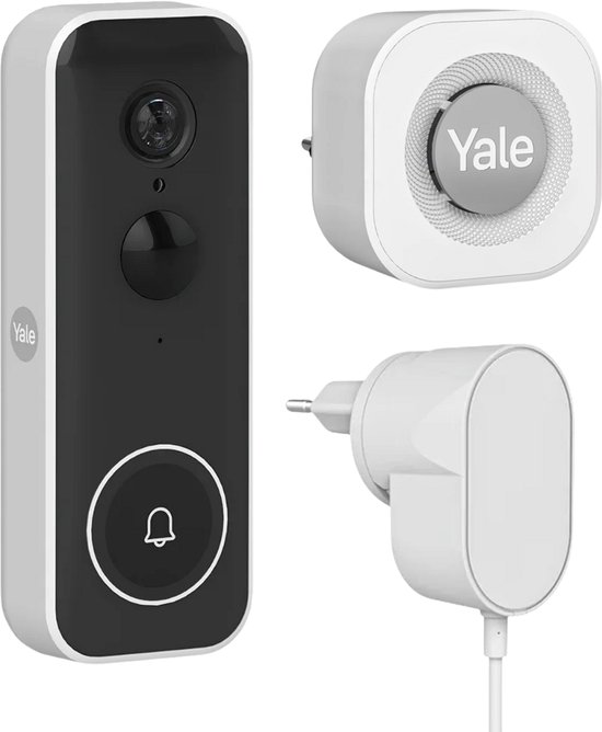 Yale slimme deurbel, deurbel-ontvanger en adapter, op zwarte achtergrond.