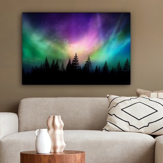 Canvas schilderij 60x40 cm - Wanddecoratie Noorderlicht - Sterrenhemel - Bos - Canada - Muurdecoratie woonkamer - Slaapkamer decoratie - Kamer accessoires - Schilderijen op canvas
