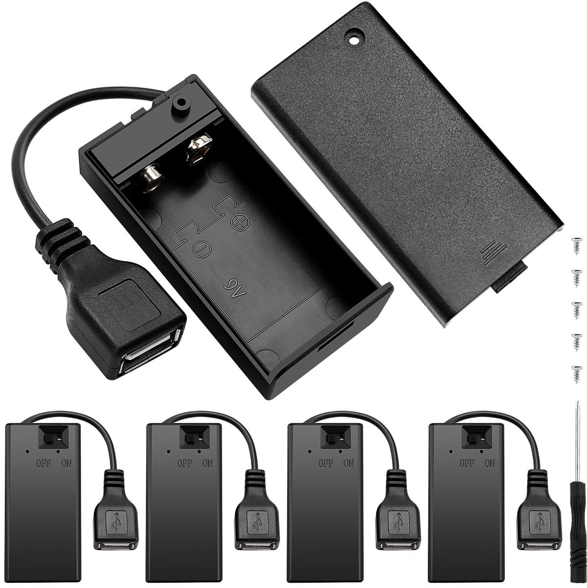 Dailygoods - Dailygoody - 9V Batterijhouder - 5 Stuks - Inclusief Deksel AAN/UIT - Zwart - USB Aansluiting - Ideaal voor Motoren - Kwaliteitsvol