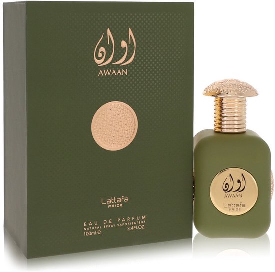 Flacon de parfum Lattafa AWAAN PRIDE vert de 100ml avec bouchon doré et décoration circulaire dorée, à côté de sa boîte verte assortie.