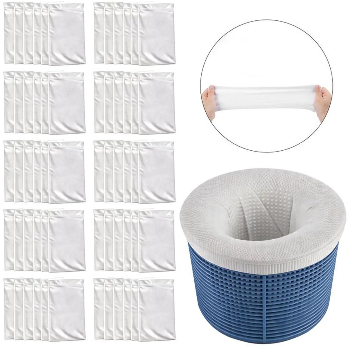 Verpakking van 50 zwembadskimmerfilters – Herbruikbare filters ter bescherming van pompen, filters en skimmermandjes in bovengrondse en ondergrondse zwembaden.