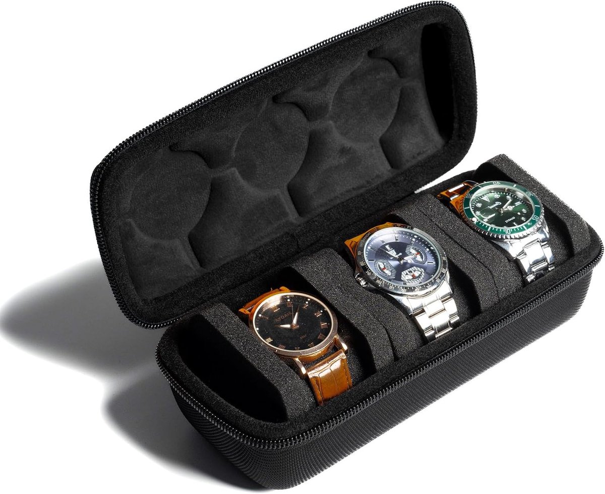 hardshell horloge-reishoes met 3 sleuven, bewaarhoes in rolvorm voor heren en dames, met passend horlogekussen dat de horloges op hun plaats houdt (Black fabric, 3 sleuven)