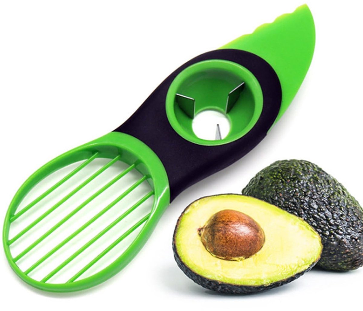 Dailygoods - Dailygoody - 3-in-1 Avocado Snijder - Multifunctionele Tool - Groen - Snijden, Pitten en Splitsen - Ideaal voor Avocado's en Fruit - Keuken Geree