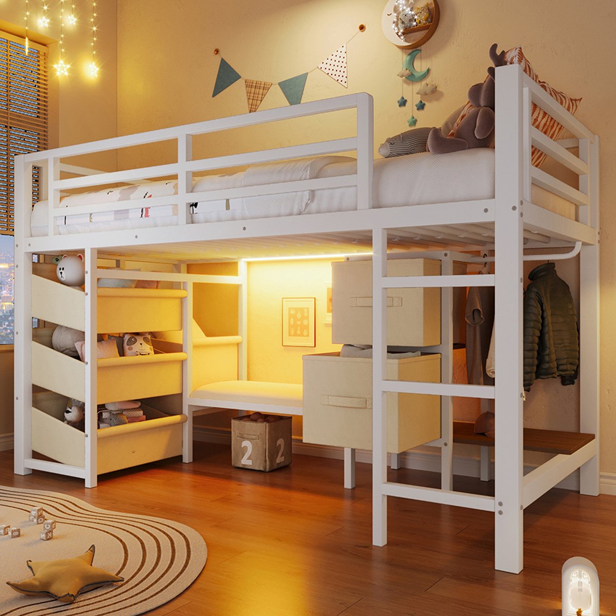 YEHTOKHOME Halfhoog bed 90x200 cm, met Zitkussen, Opberglade & opbergzak met stoffen bekleding, Meerkleurige ledverlichting, Metaal, Zonder matras, Wit