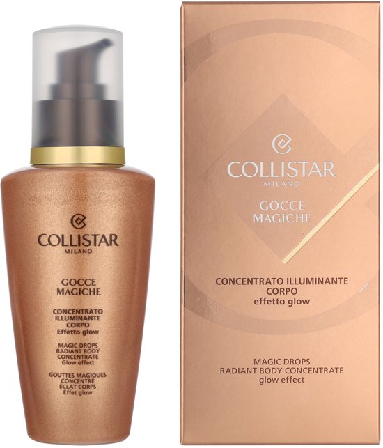 Collistar flacon met pompdispenser en verpakking. Koperkleurig, met tekst "Magic Drops Radiant Body Concentrate".