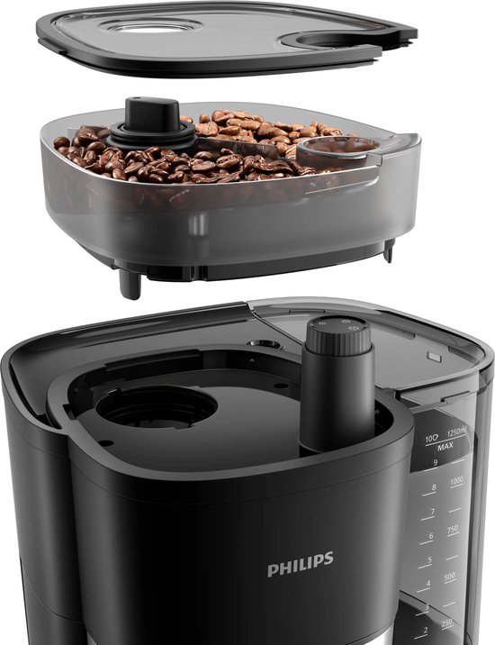 Exploded view van Philips koffiezetapparaat, met bovenste bonenreservoir en watertank.