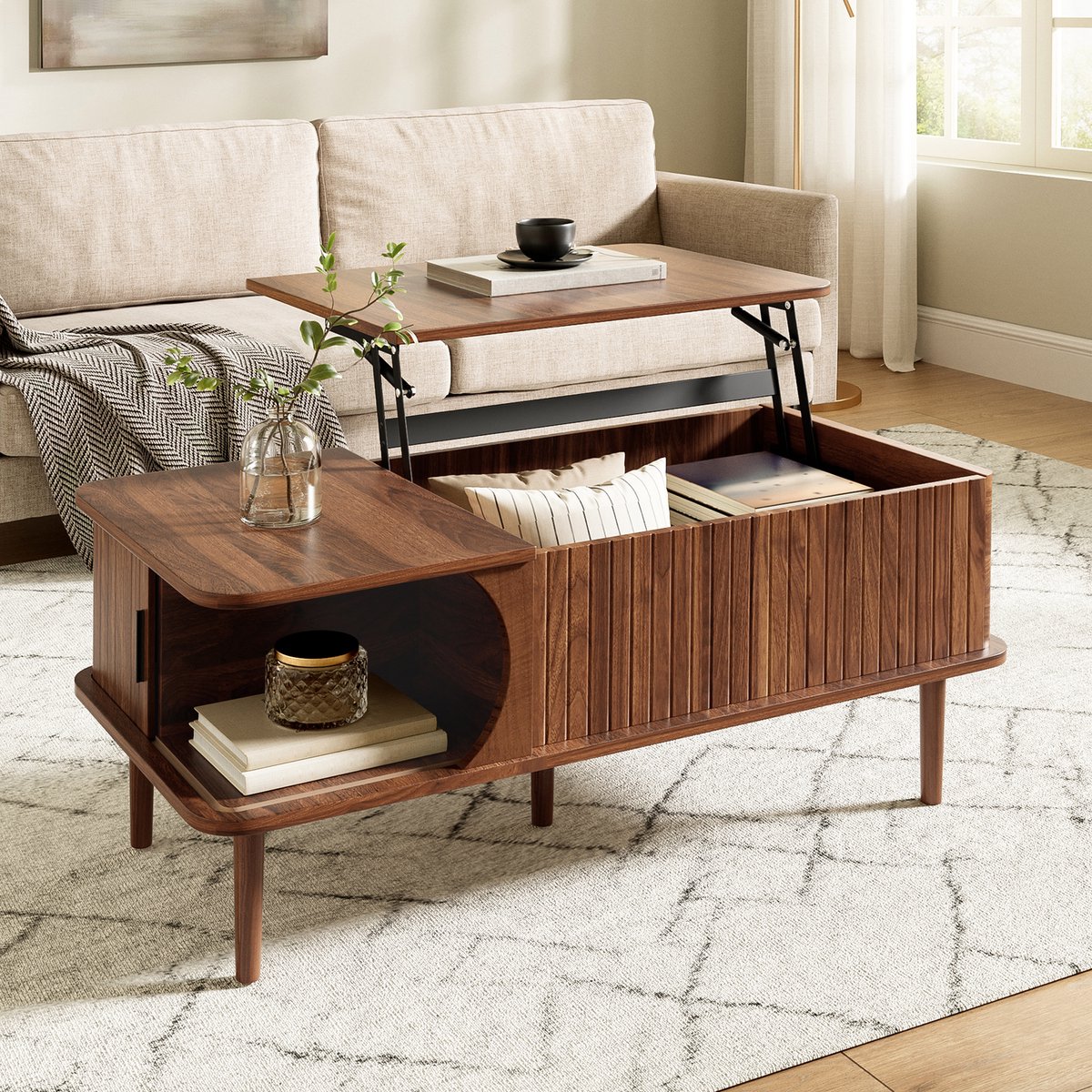 VVBV Moderne Retro Salontafel Walnoot met Lift Top, Schuifdeur & Houten Poten - In Hoogte Verstelbaar