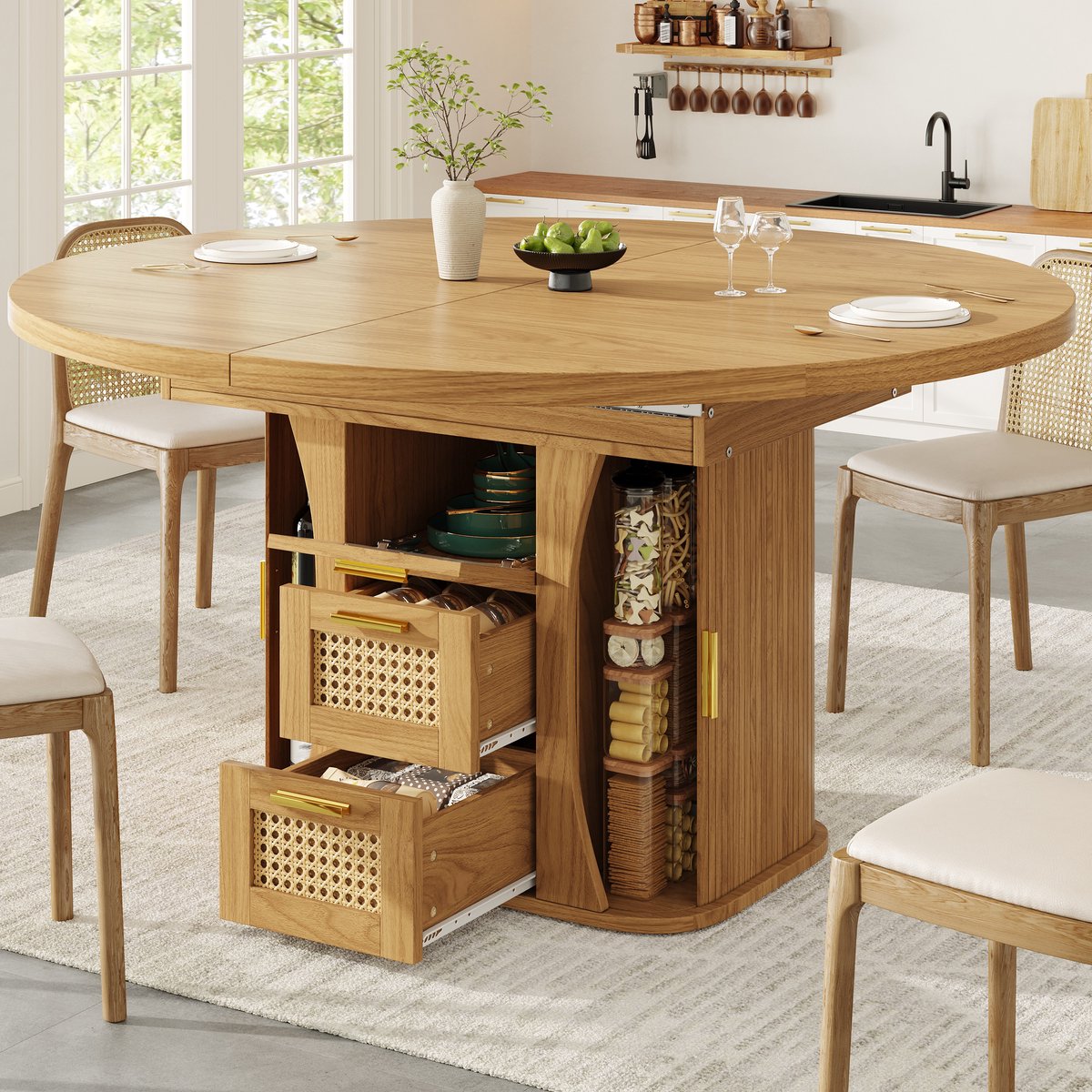 REDOM - Uitschuifbare Eettafel - Met Opberglades En Rotanlook - MDF - Natuurlijke Houtkleur - 118-158 x 118 x 77,1 cm