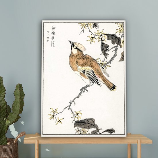 Peinture japonaise d'un oiseau brun sur une branche avec des fleurs jaunes et des feuilles sombres.