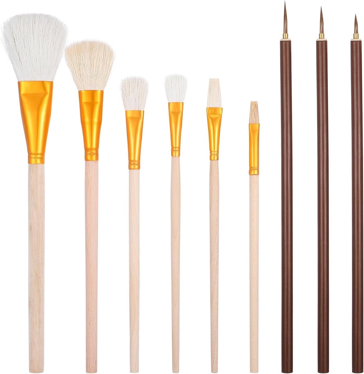 9-delige keramische emaille kwastenset - Keramiekgereedschap en -benodigdheden - Keramische kwastenset - Paletkwastenset van geitenhaar - Wollen kwasten voor olieverf, keramiek, schilderen en aquarel