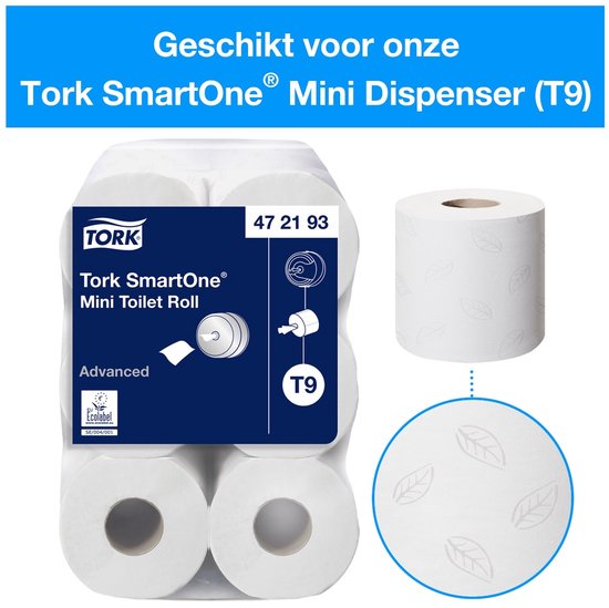 Pakket Tork SmartOne Mini Toiletrollen, met een gedetailleerde afbeelding van een rol.