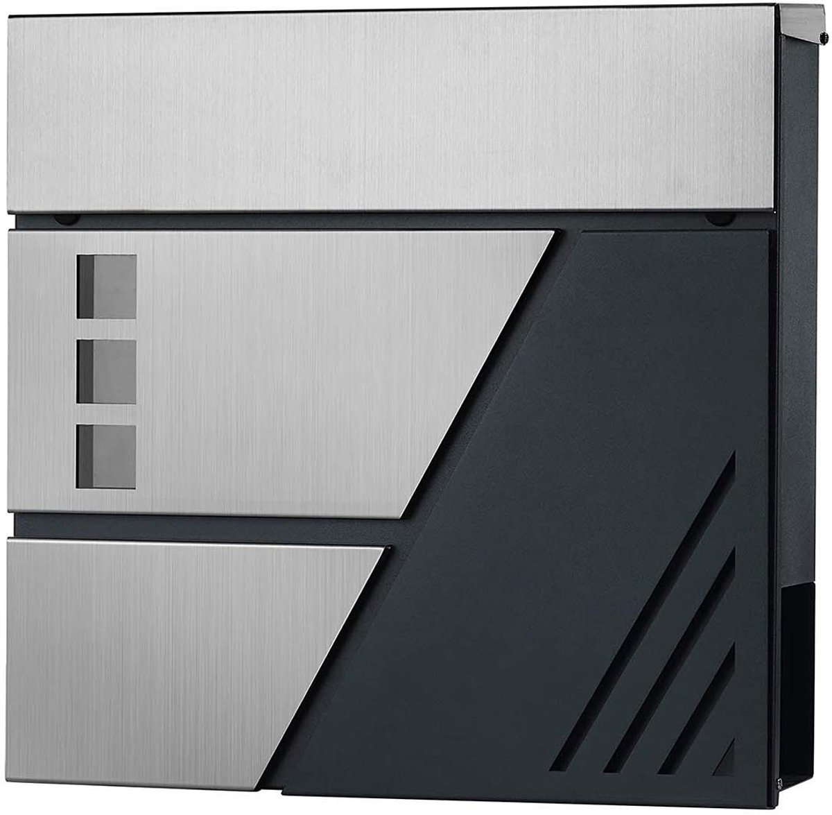 Wandbrievenbus Brievenbus 37 × 10,5 × 37 cm Zilver + Grijs Met kijkvenster krantenhouder slot en sleutels Stevig en duurzaam metalen materiaal Regen- en stofbestendig ontwerp Eenvoudig te installeren en schoon te maken Geschikt voor veranda voordeur