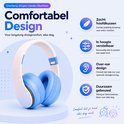 Casque bleu et blanc confortable pour enfants avec coussinets doux et bandeau réglable.