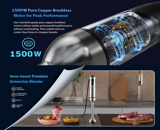 Swiss Haus® HB22 Staafmixer - 1500W – RVS Handblender met 12 Snelheden + Turbo – Titanium 4-bladenmes – RVS