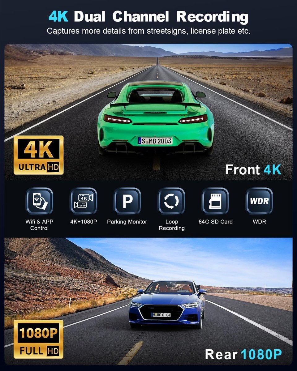 Dashcam auto 4K voor en achter – WiFi dashboardcamera met 64GB SD-kaart, G-sensor en nachtzicht – foto 2