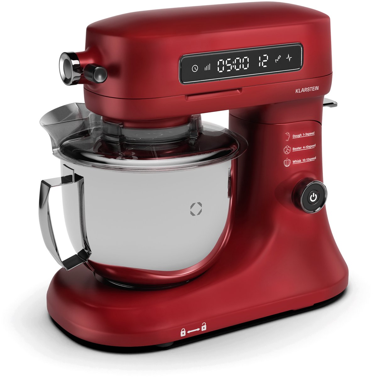 Klarstein Keukenmachine Chiara 1600W – 5L rvs-kom, 12 Geschwindigkeiten, LCD Touch Display, ≤72 dB, vaatwasmachinebestendig Patisserie Set, Aluminium gegoten behuizing, rood - Keukenmachine - 12 Snelheden - voor Keuken - LED RVS-Kom Garde