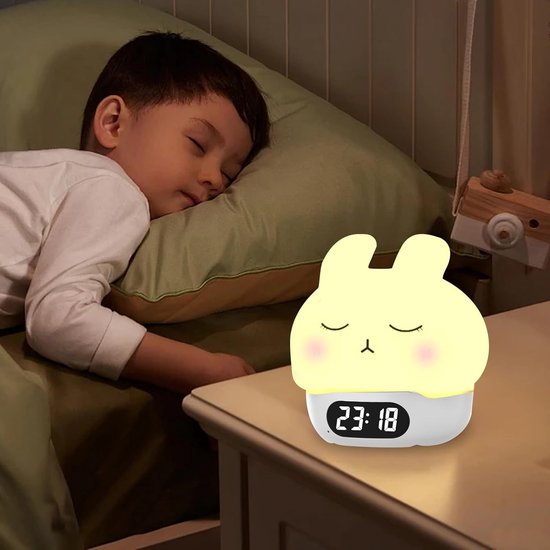 Konijn Wekker - Nachtlampje Kinderen - Slaaptraining - Zacht Siliconen - 11 cm - Wit — afbeelding 3