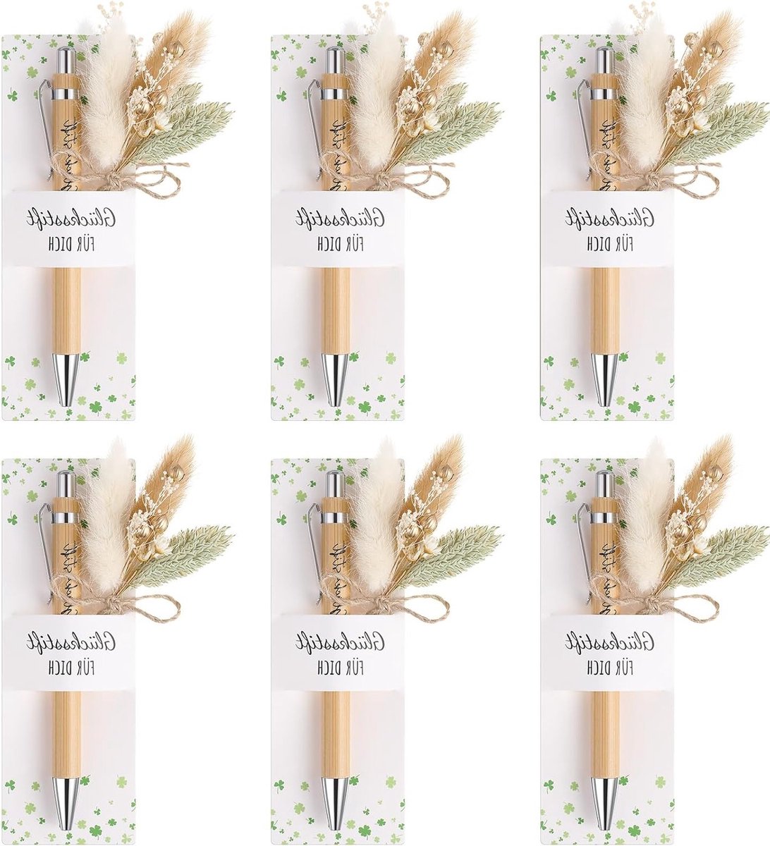 Cadeaus Met Houten Balpen en Gravering, Boeket Echte Gedroogde Bloemen en Papieren Penhouder voor Afscheidscadeau Leraar, Collega of Vriend (6 Sets)