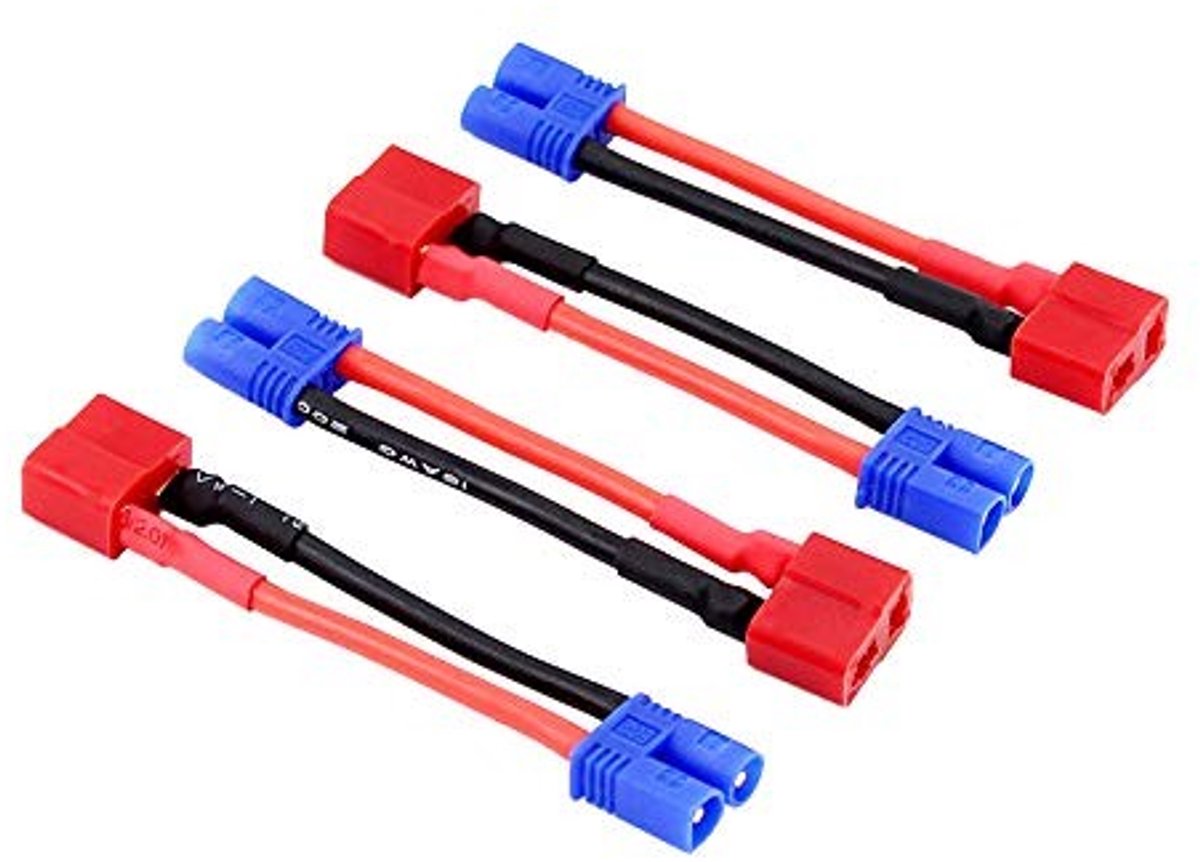 Dailygoody - EC2 Male to T-Plug Deans Style Female Adapter Kabel - 4 Stuks - 5cm - 16awg Draad - Geschikt voor RC Voertuigen - Voor Batterij Conv