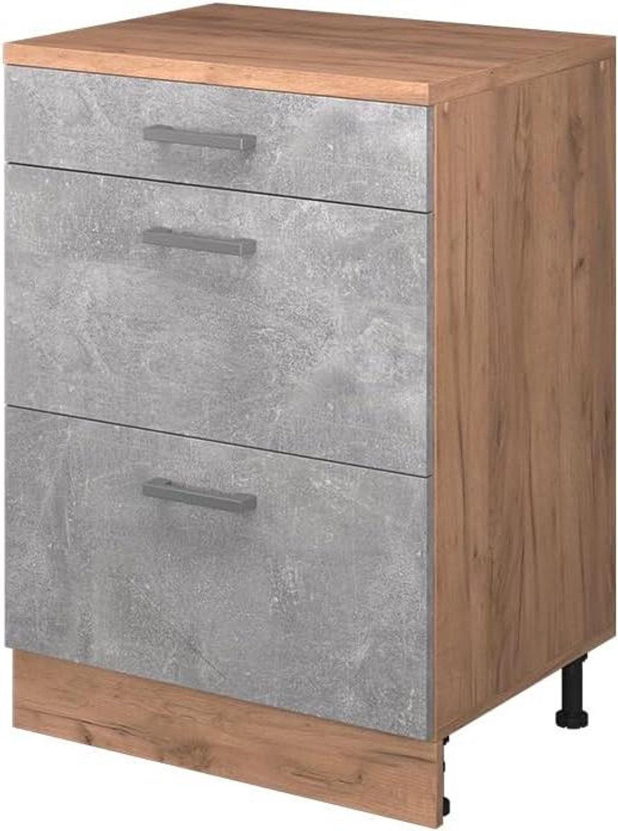 Keukenkast voor schuine wand - Ladekast schuine kant - Ruimte optimaliseren - Met 3 lades - 60 cm breed - Beton