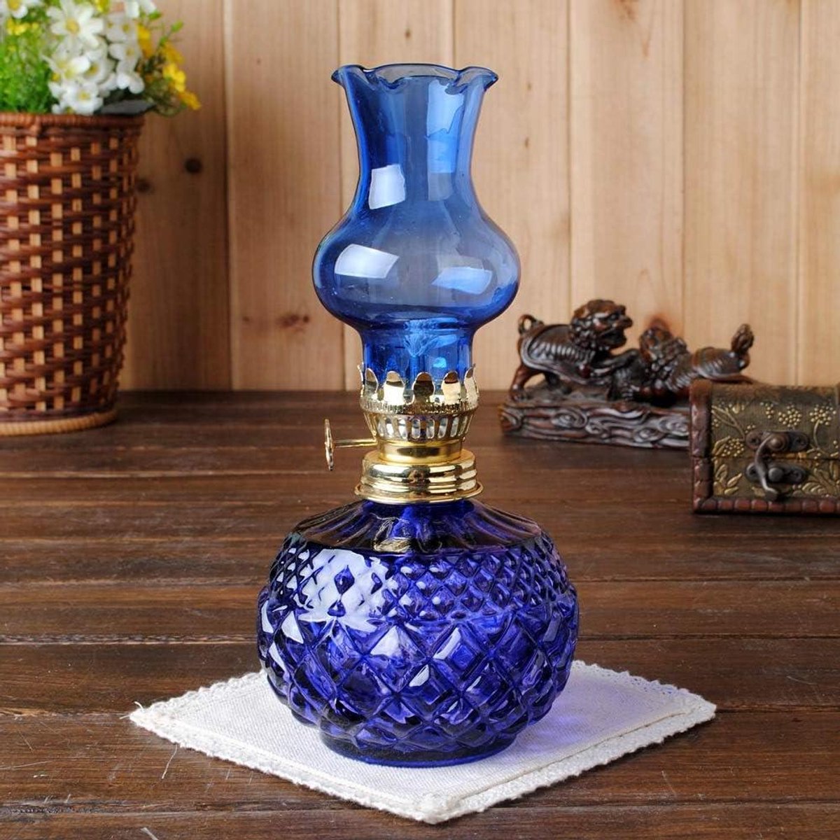 Glazen Olielamp - Petroleumlamp Lantaarn - Buitenverlichting - Eenvoudig te Regelen - 20 cm - Blauw