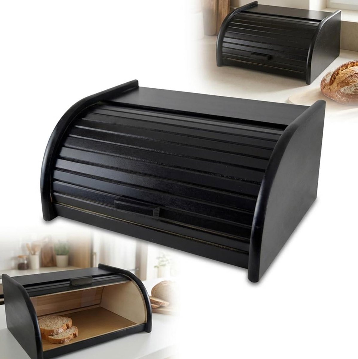 Broodtrommel Hout - Brooddoos Opslag - Brood Vers Houden - Traditioneel Ontwerp - 40x29x18 cm - Zwart