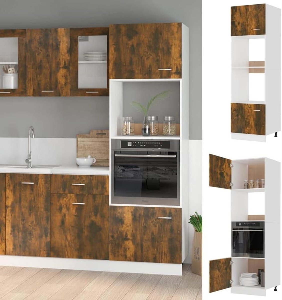 Magnetronkast Keuken - Keukenkast Hoge Kast - Keuken Organiseren - Vochtbestendig Multiplex - 60 x 57 x 207 cm - Rookeik