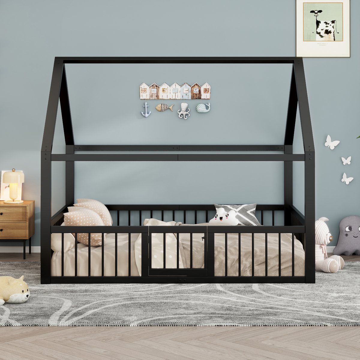 Clruro Platbed - 140 x 200 cm - Metaal Bedframe - Kinderbed - Zonder Matras - Zwart
