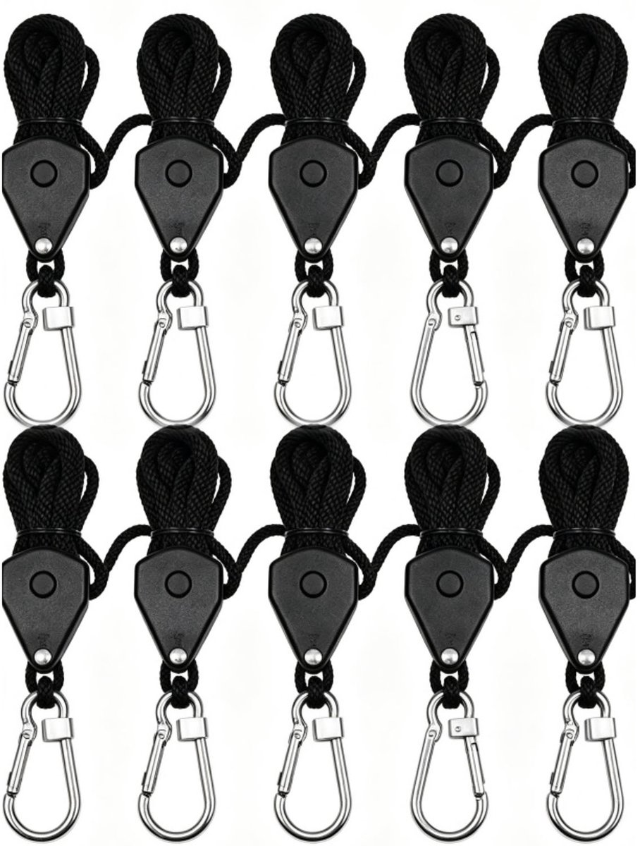 10-stuks Verstelbare touwhaak - Ophangtouw voor kweeklampen - Haak - Verstelbare hoogte - Kunststof - 5x3x1cm - Geschikt voor het ophangen van kweeklampen, tuingereedschap, decoraties en hydrocultuuraccessoires - Zwart