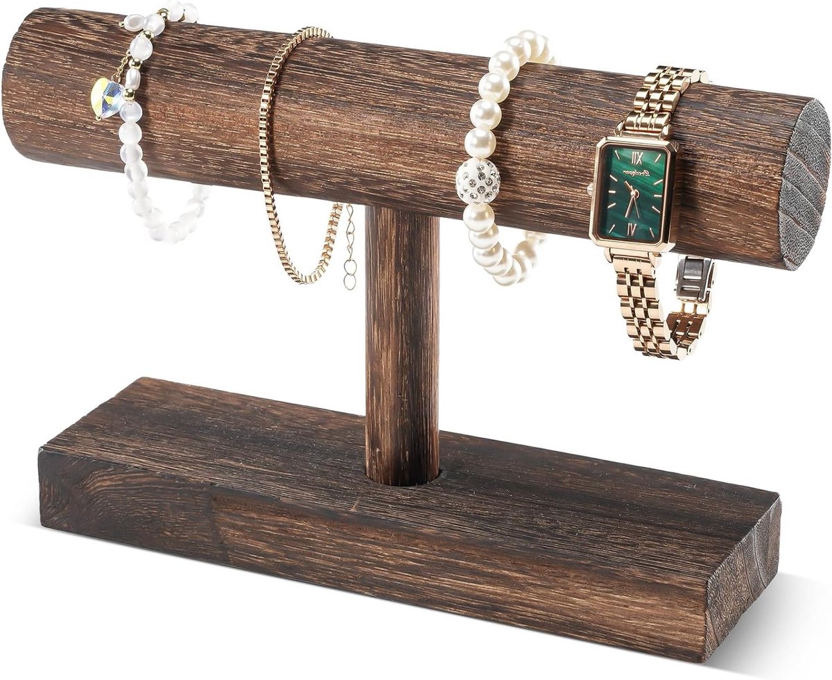 Houten Armbandhouder en Organizer, T-bar Armbanddisplay voor Sieraden, Dubbele Laag Bracelet Rack voor Winkels - Bruin