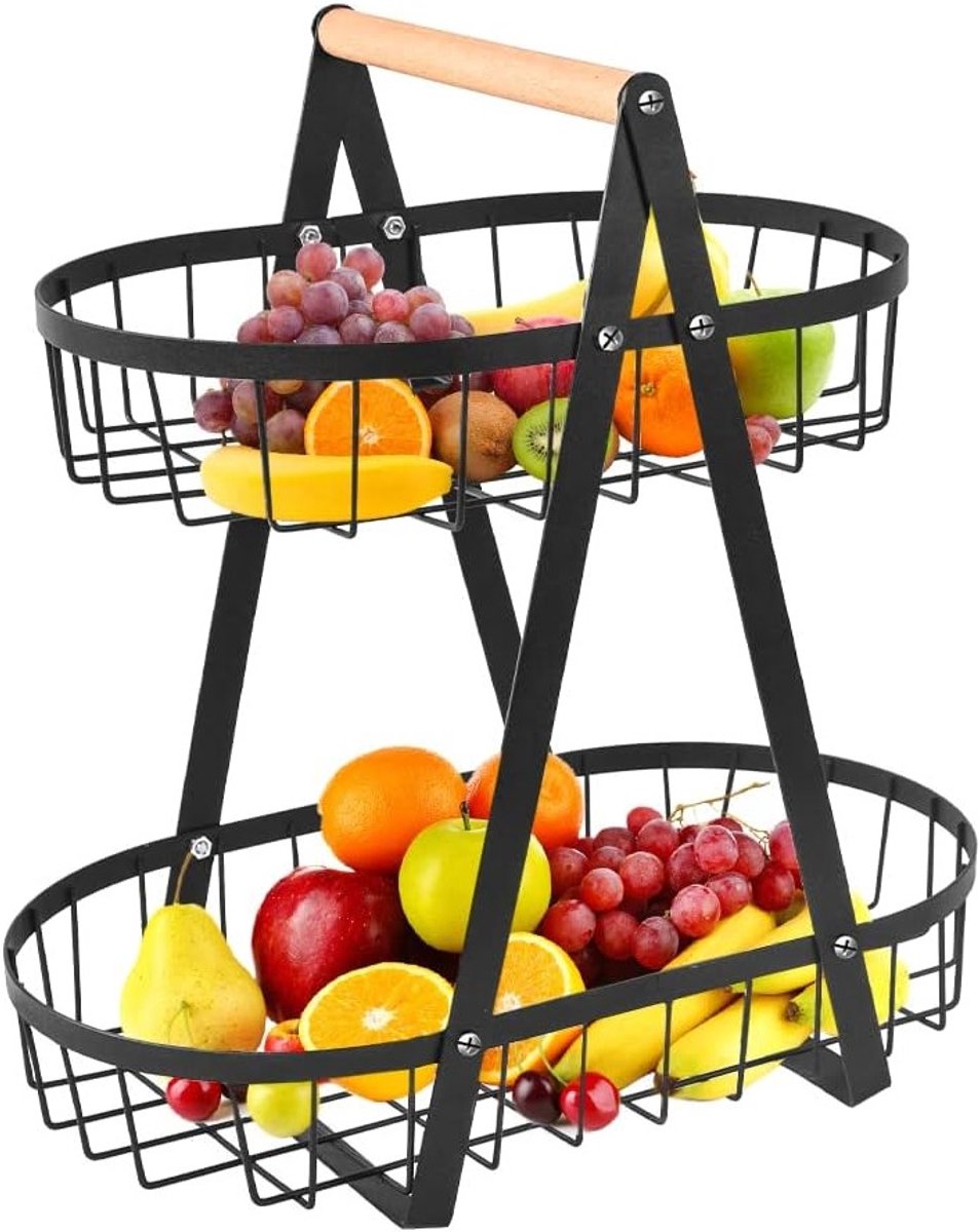 2-laags Zwarte Fruit- en Groentebak met Verwijderbare Houder en Inclusief Schroevendraaier voor Keukenopslag