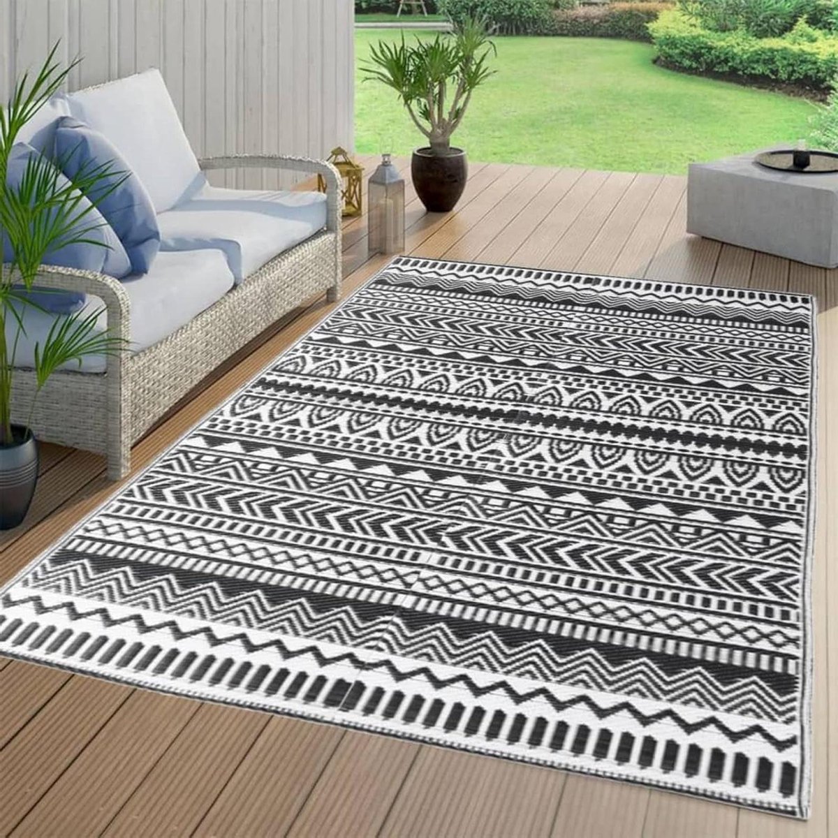 Buitentapijt - Balkontapijt Terrastapijt - Buiten Leven - Dubbellaags Jacquard - 140 x 200 cm - Zwart