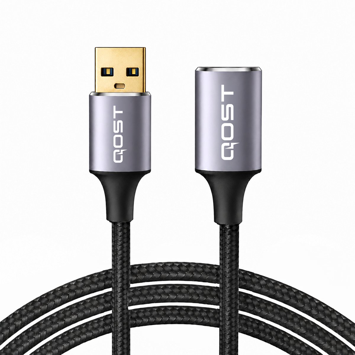 Qost - USB-A 3.0 Verlengkabel - 5Gbps - Male naar Female - Zwart - 2 Meter - Nylon