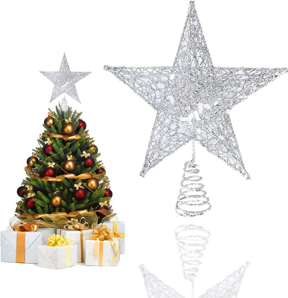 Glinsterende Ster voor de Kerstboom - 20 cm Zilveren Topper van Metaal met Glittereffect voor een Feestelijke Sfeer