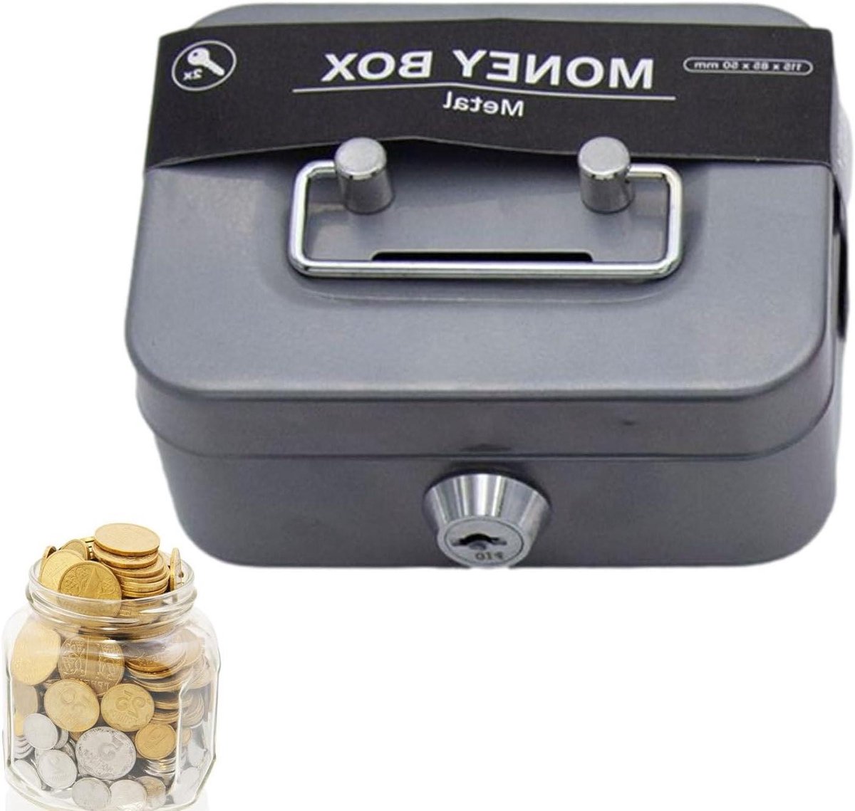 Spaarpot met slot - Geldcassette munten - Veilige geldopslag - Robuuste metalen - 7x22x7 cm - Grijs