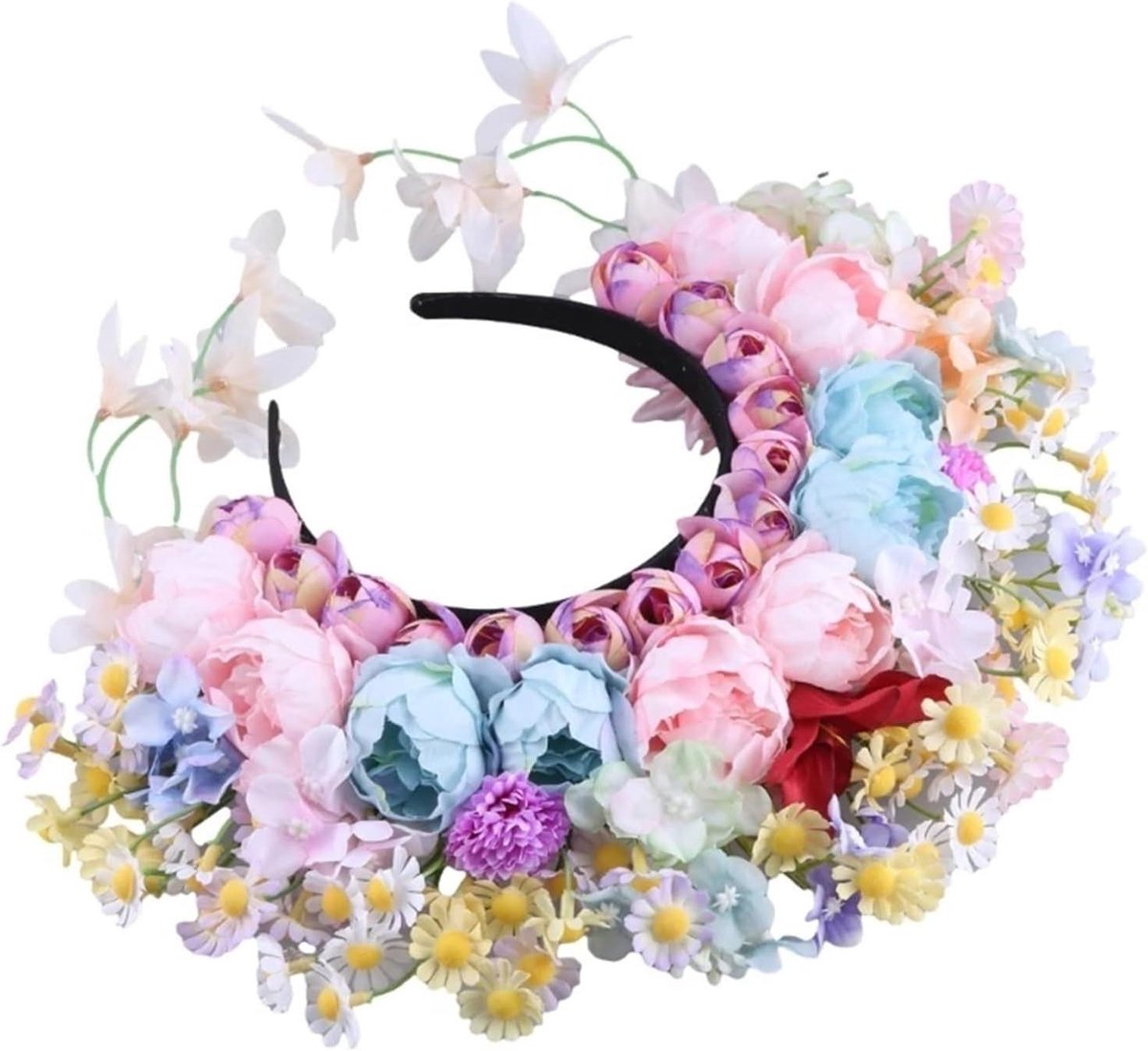 Bloemenkroon Hoofdband - Bloemige Haaraccessoire - Feestelijk Uiterlijk - Levensechte Kunstbloemen - 23x30cm - Kleurrijk