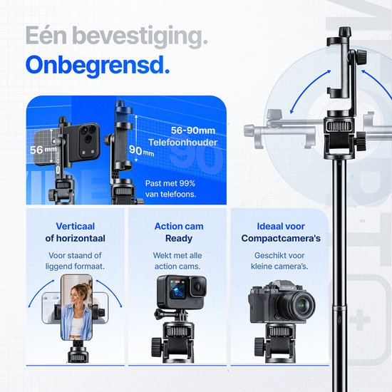 Studio ME statief met telefoonhouder (56-90mm), verticaal/horizontaal, action cam ready en geschikt voor compactcamera's. "Eén bevestiging. Onbegrensd."