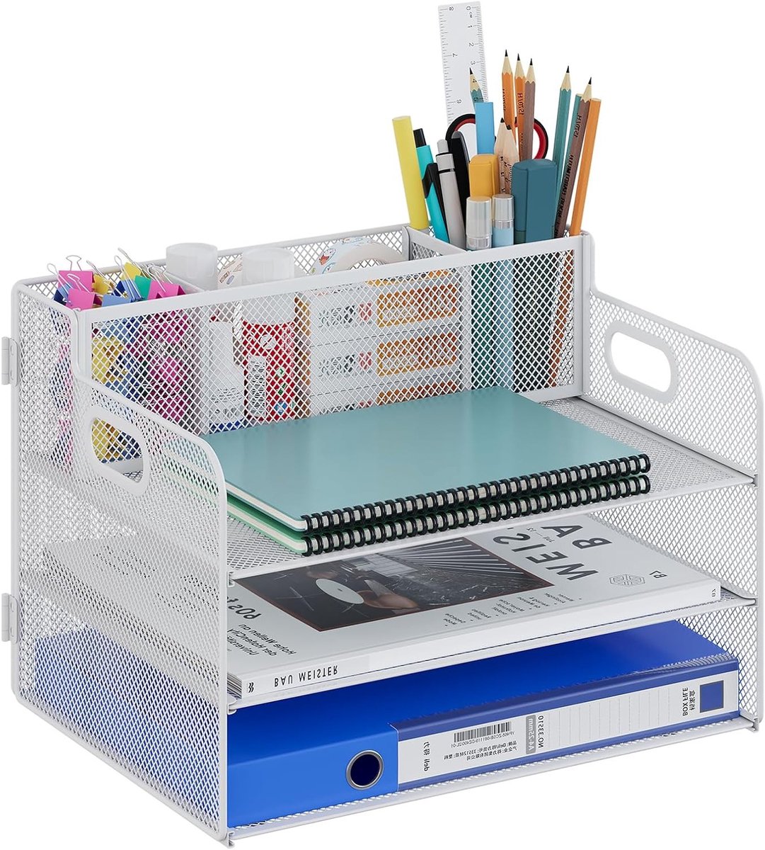 Desk Shelf A4 met 3 Compartimenten van Metaal - Desk Organizer en Briefbak voor Thuis en School, Wit en Stijlvol
