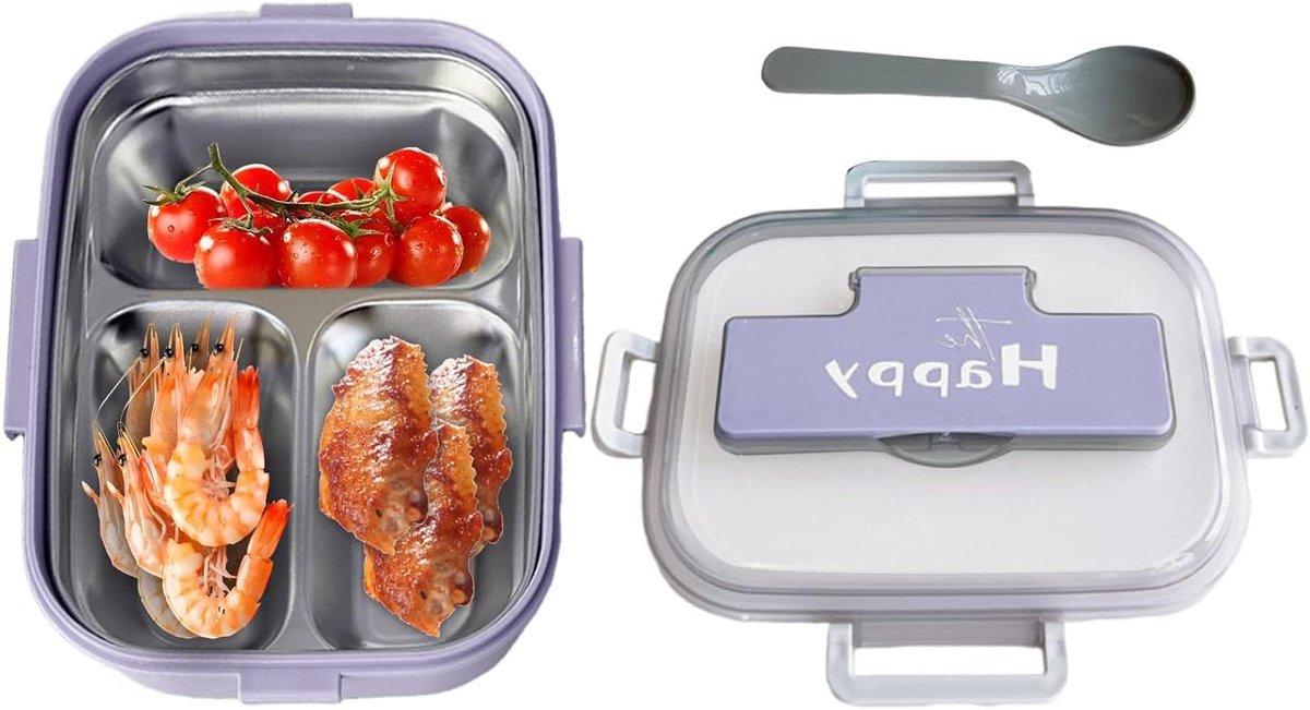 Lunchbox RVS - Voedselcontainer - Maaltijden Meenemen - Lekvrij & Magnetronbestendig - 3 Compartimenten - Paars