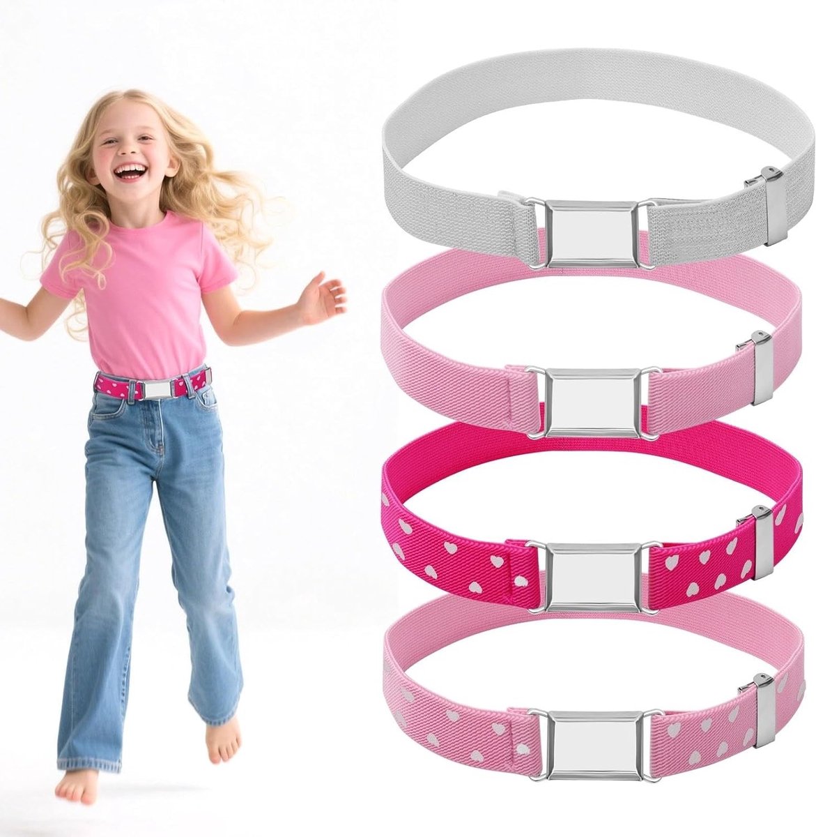 Set van 4 Kinderriemen voor Meisjes - Elastische Riem zonder Gesp, Kleurrijk en Hartontwerp, Comfortabele Stretchriem voor Spijkerbroeken, Korte Broeken en Broeken