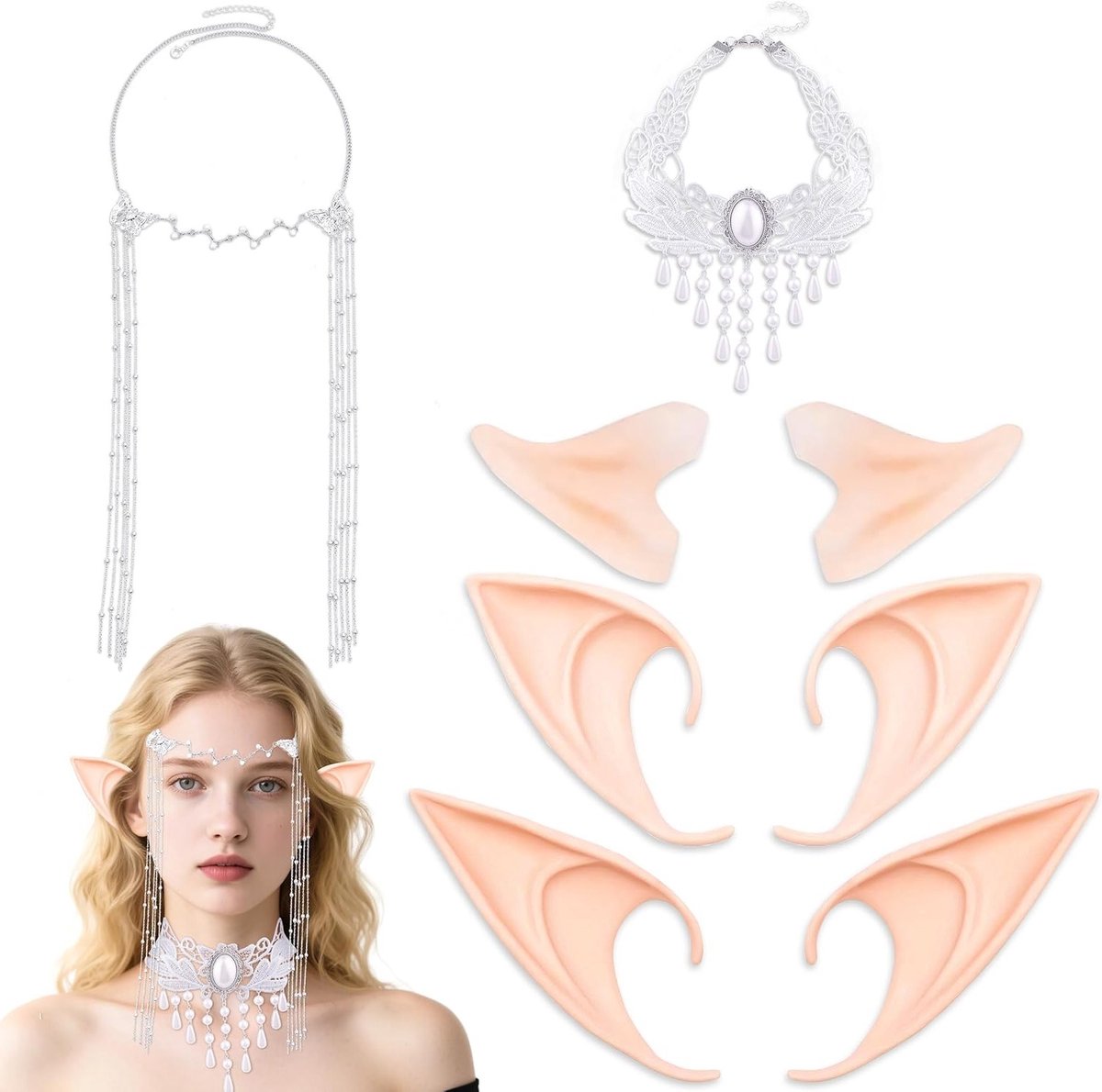 Set van 3 Paar Elforen, Fantasie Kostuum Accessoires voor Volwassenen, Inclusief Neus en Ketting voor Cosplay, Halloween en Feestjes