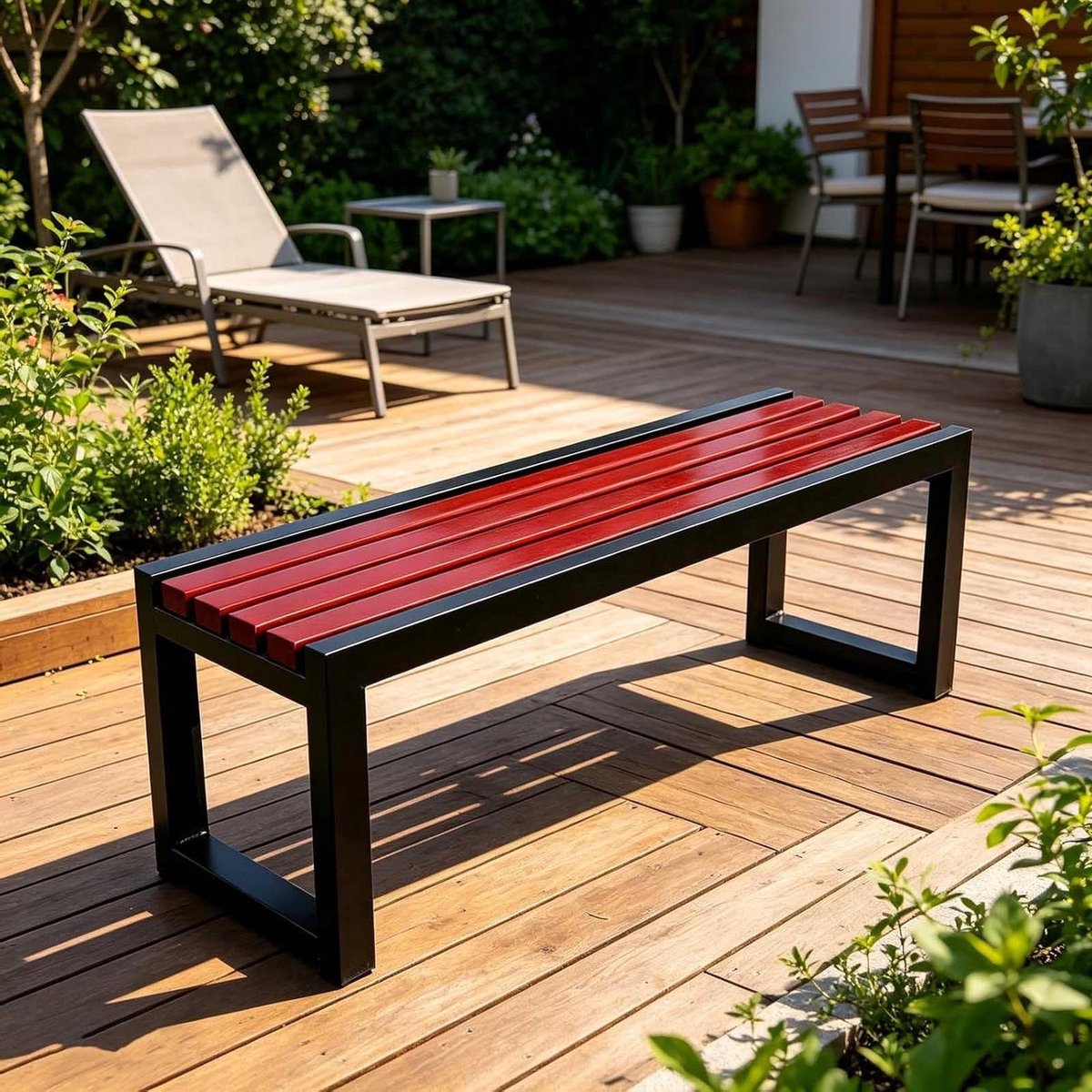 Houten Buitenbank - Tuinbank Entreebank - Genieten Buiten - Zonder Rugleuning - 120cm - Zwart Rood